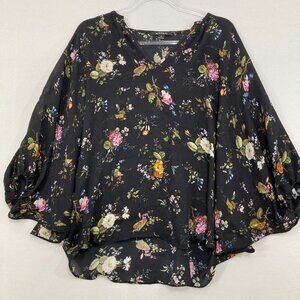 ACROBAT Medium Dark Floral V Neck Dolman Sleeve Pure Silk Blouse Feminine‎